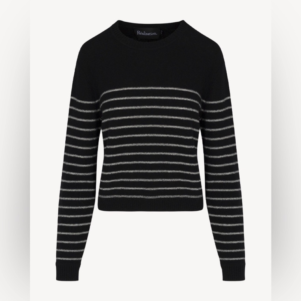 NWT Realisation Par Ani Cashmere Wool Stripe Crewneck Sweater Pepe Black White